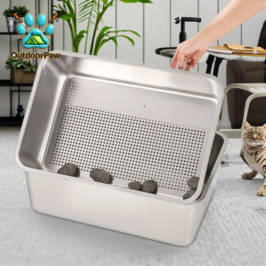 New design stainless steel screening cat litter box with open top easy to clean large size pet toilet cat litter box