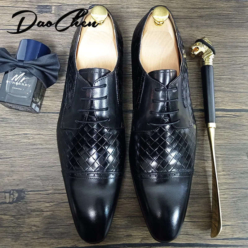 Luxury Men Shoes Lace Up Pointed Toe Black Brown Plait Formal Derby Mens Office Business Wedding Dress Leather Shoes Men