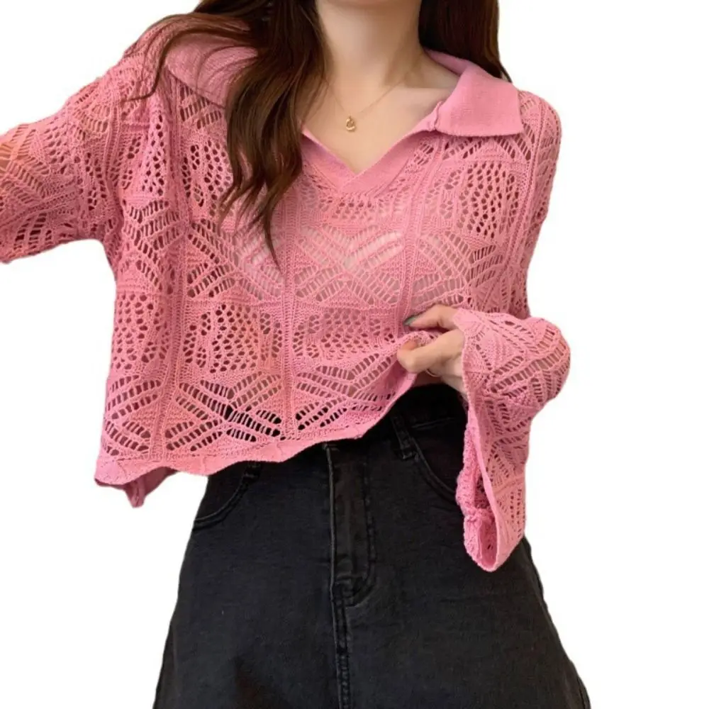 

Модная вязаная футболка с v-образным вырезом и длинными рукавами, вязаный крючком в корейском стиле, пляжная одежда, свободный милый пляжный топ для девочек