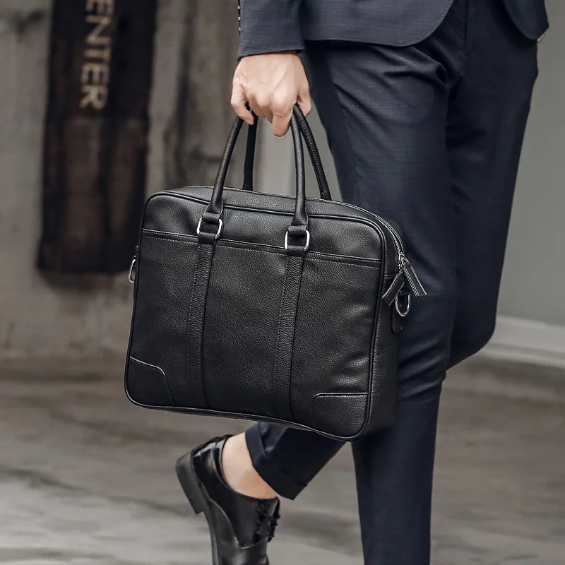 Sac à main de grande capacité en cuir PU pour homme, sac d'ordinateur texturé de haute qualité, étui à bombes classique pour homme, noir simple et assressenti