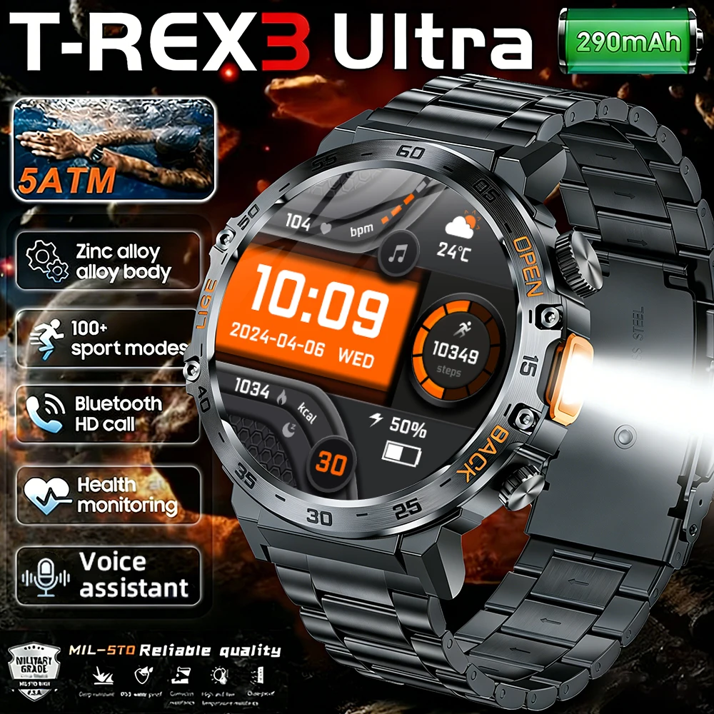 

New Military T-Rex 3 Ultra Smart Watch 5ATM Waterproof LED Flashlight Smartwatch Men Heart Rate Sport Tracker Smart Watches 2026
