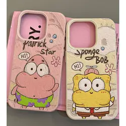 Cute SpongeBobs Patricks Star Fashion TPU Imitation Leather Phone Case For iPhone 16 Plus 15 14 13 12 11 Pro Max Shock-absorbing