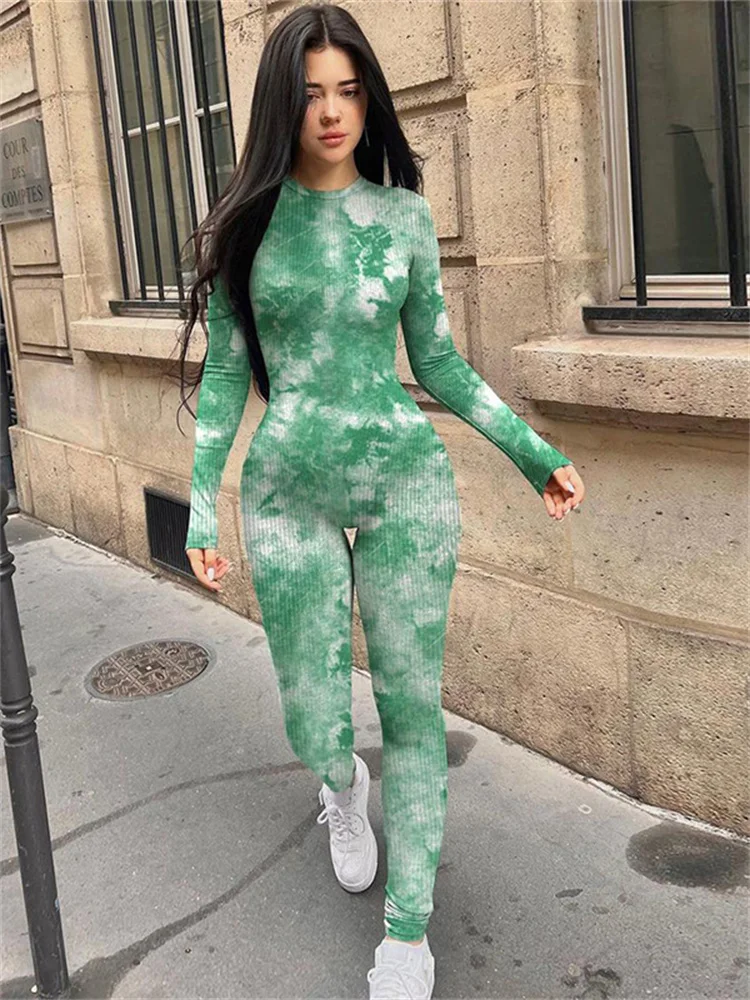 Macheda Ribbed Sporty Jumpsuit Women Tie-dye Print o-neck Full Sleeve Daily Skinny Body-Shaping Casual Street New Trend Outfits