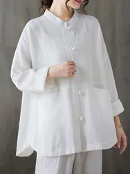 Camisa blanca de manga larga para mujer, Tops informales holgados de algodón con cuello levantado, estilo chino Vintage, novedad de otoño, B3125, 2023