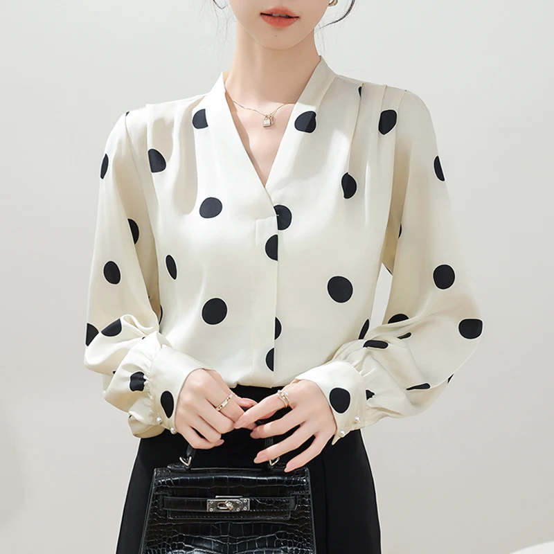 

Fashion Big Polka Dot Women's Shirt Elegant Long Sleeve V-Neck Simple Blouse Spring Autumn Tops Vintage Casual Female Clothing
