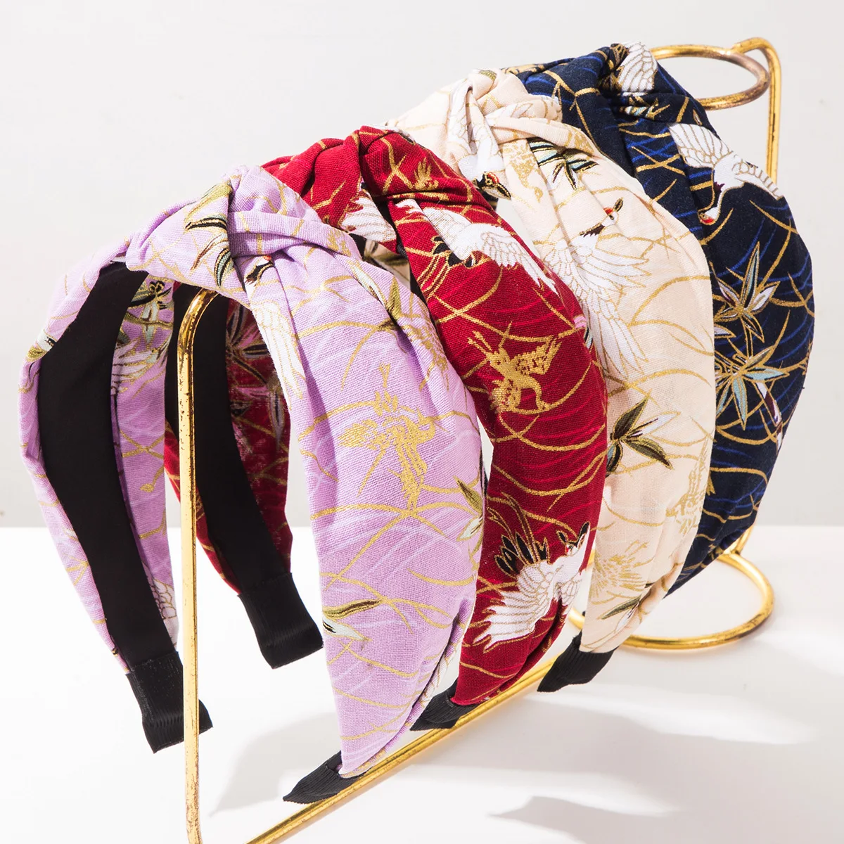 Women Crane Print Twist Knot Headband Japanese Style Floral Fabric Wide Hairband Retro Ethnic Daily Party Hair Accessories