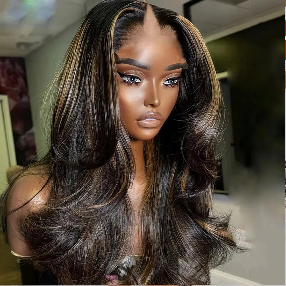 Hightlight Chestnut Blonde Wavy V Part Wig 100% Human Hair For Women Body Curlys Glueless Chocolate Brown U Shape Wig European