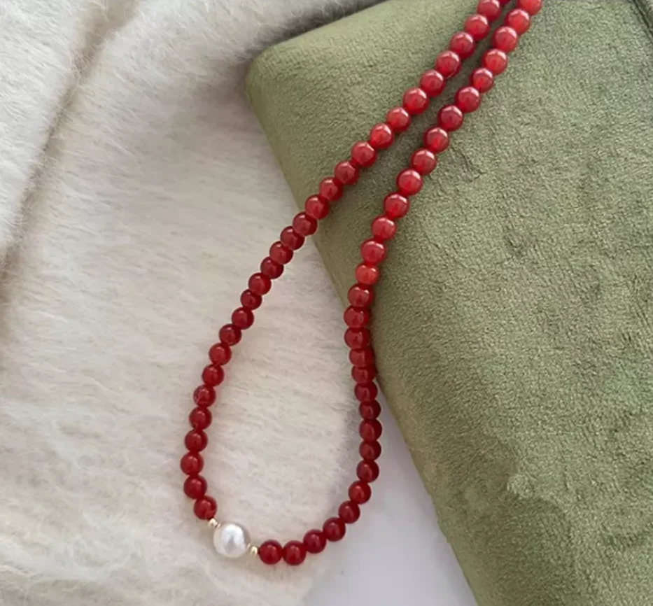 

New Jewelry Necklace Long 18"8MM Red Jade +12MM White Shell Pearl Round Beads Necklace