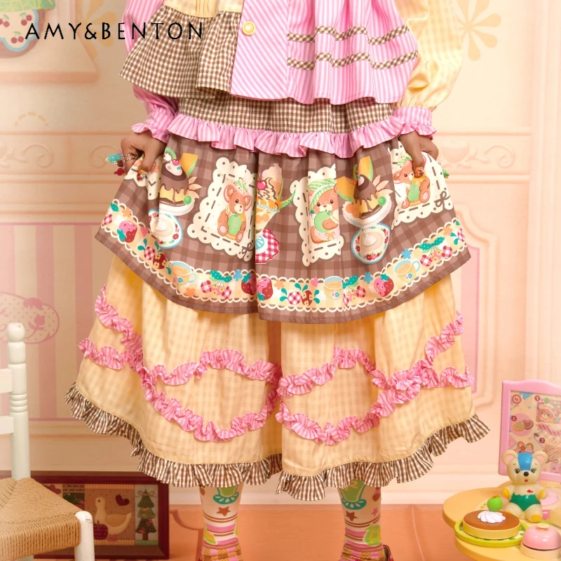 

Autumn New Plaid Print Splicing Lace Women's Skirt Original Design Japanese Sweet Cute Versatile Age-Reducing Cake Skirts Ladies