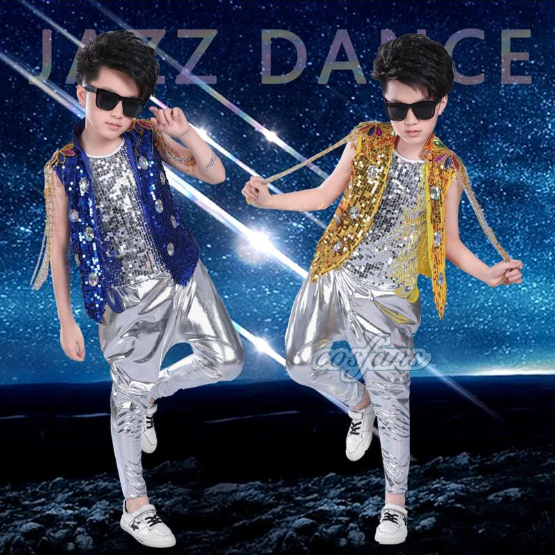 

Kids Sequined Hip Hop Outfits Girls Jazz Tap Dancing Tops+Pants Boy Child Dance Stage wear Ballroom Party Dancewear Costumes