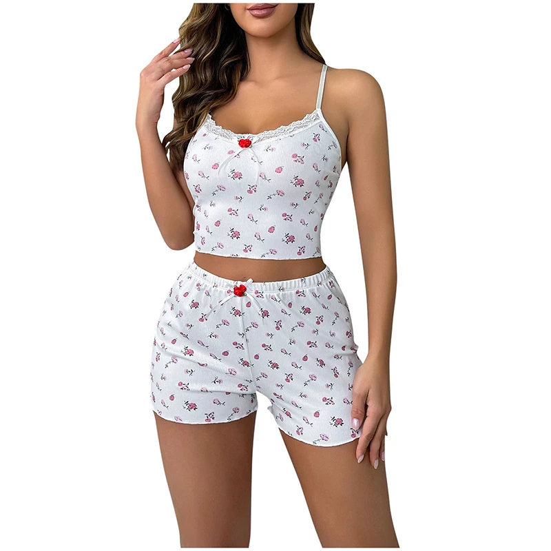 Summer Floral Print Home Clothing Two-Piece Set with Fresh Suspender Top and Shorts Sexy Set for Women\'s Pajamas