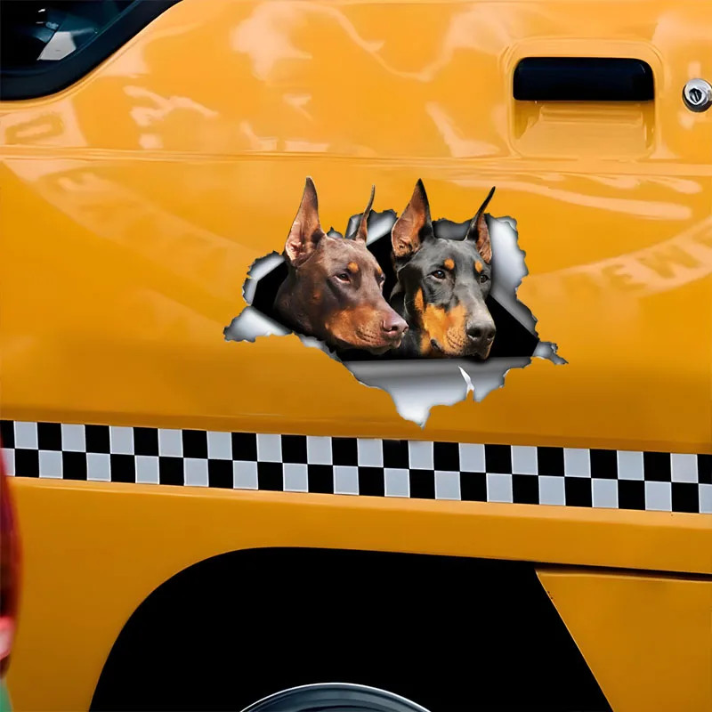 DK573# Car Stickers for Two Doberman Hidden in Holes, Waterproof Irregularly Shaped Car Decoration Decals