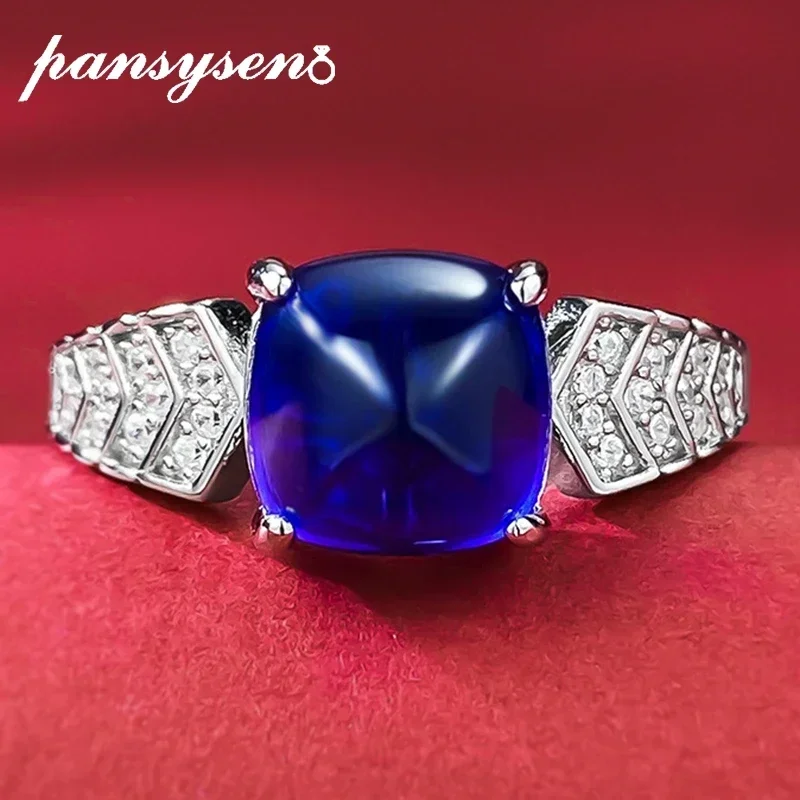 

PANSYSEN Vintage 925 Sterling Silver 8MM Royal Blue Sapphire High Carbon Diamond Rings for Women 18K White Gold Plated Jewelry