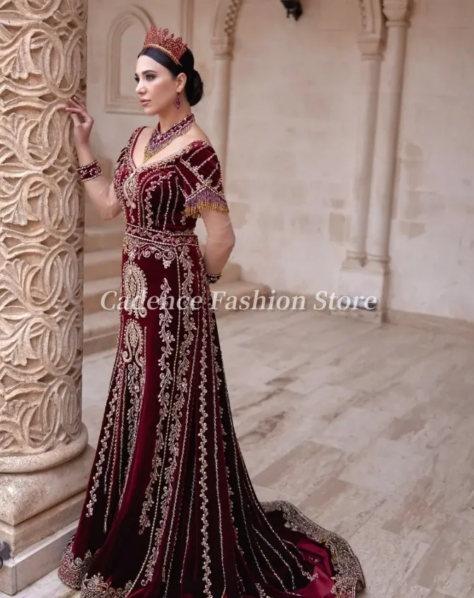 Personalizado borgonha tradicional feminino festa de noite árabe longo vestidos de baile luxo duplo frisado borlas orelha vestidos de festa