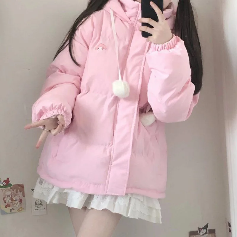 Sanrio Kuromi My melody kawaii pink down jacket women\'s trendy parka coat Korean style winter hooded cotton coat clothing gift