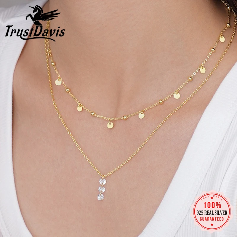 

TrustDavis 925 Sterling Silver Women's Fashion Simple Zircon Tassel Stacked Necklace for Women Girls Jewelry Gift DS4449