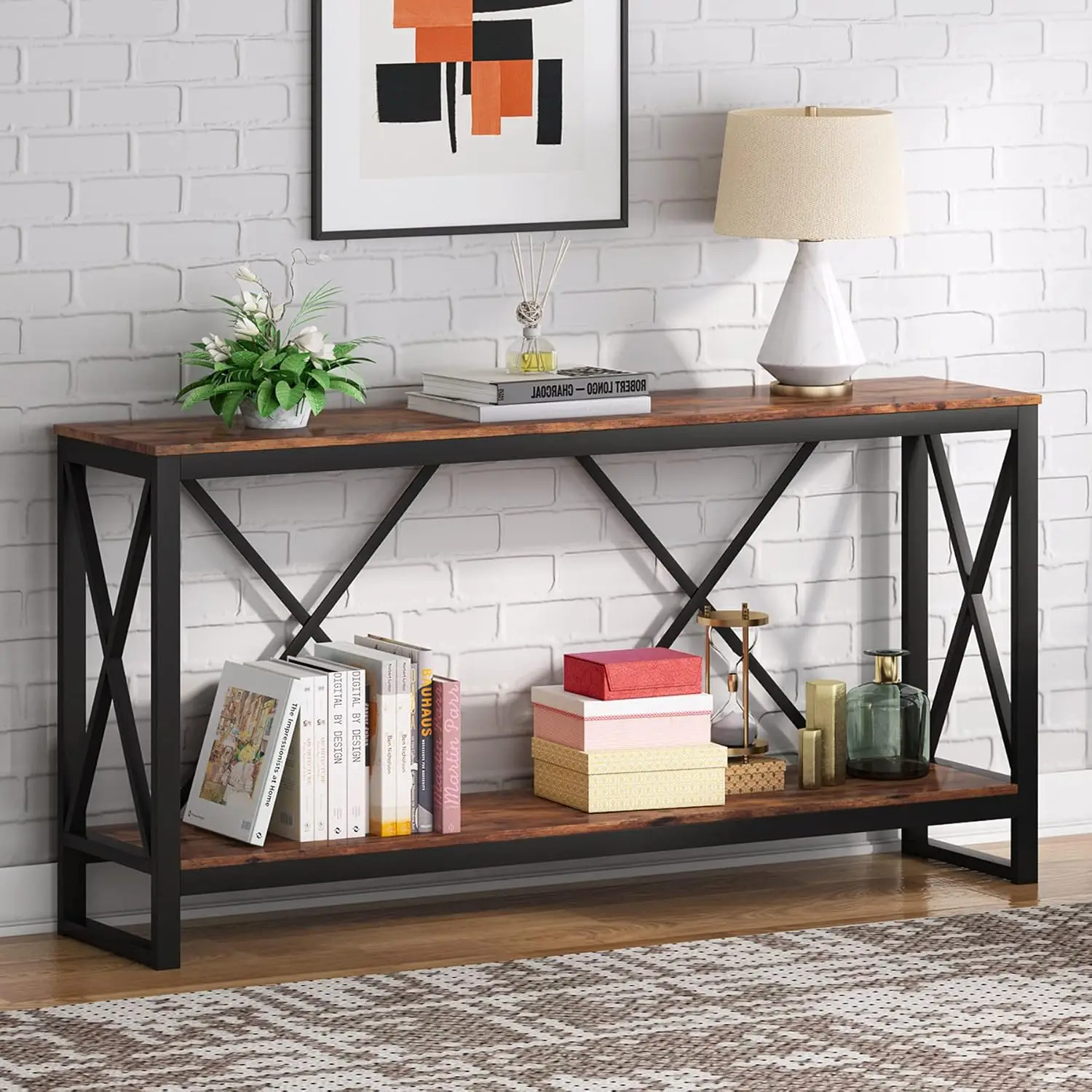 

70.9 Inch Extra Long Console Table, Industrial Narrow Sofa Entry Behind Couch with Open Storage Shelf. Rustic Entrywa