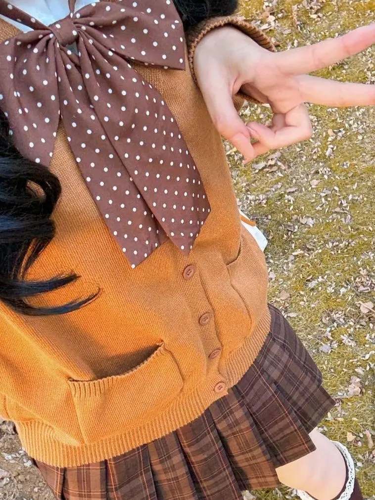 

Original Caramel Knitted Long Sve Open Cardigan Basic irt Layering Autumn Winter JK orm College Sle Brown Set Wome...