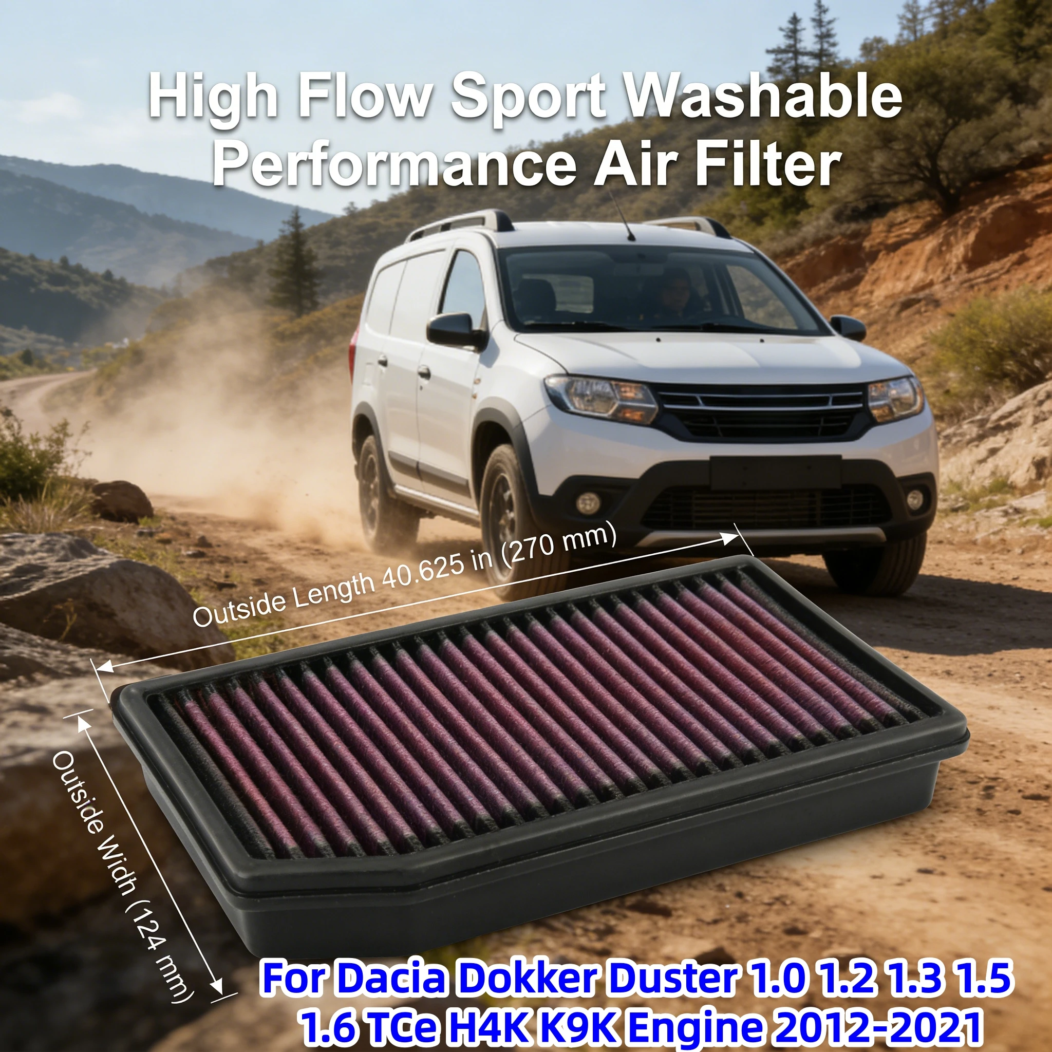 

For Dacia Dokker Duster 1.0 1.2 1.3 1.5 1.6 TCe H4K K9K Engine 2012-2021 High Flow Sport Washable Performance Air Filter 33-3007