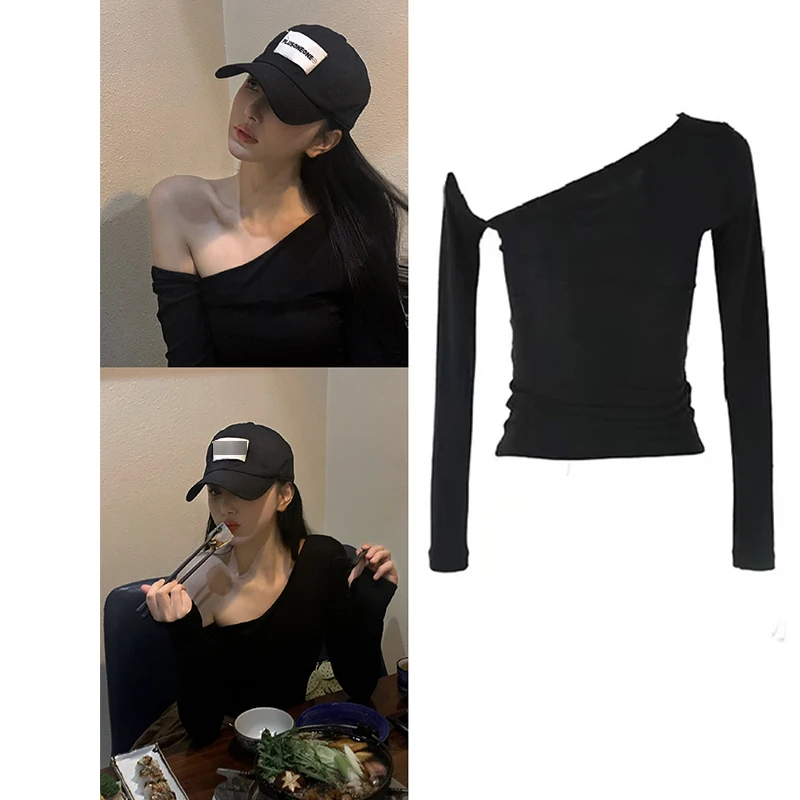 

New Jazz Dance Clothes Women Long Sleeves Blouse Oblique Shoulder Y2K Black Tops Kpop Idol Clothing Fashion Casual Wear JL5879