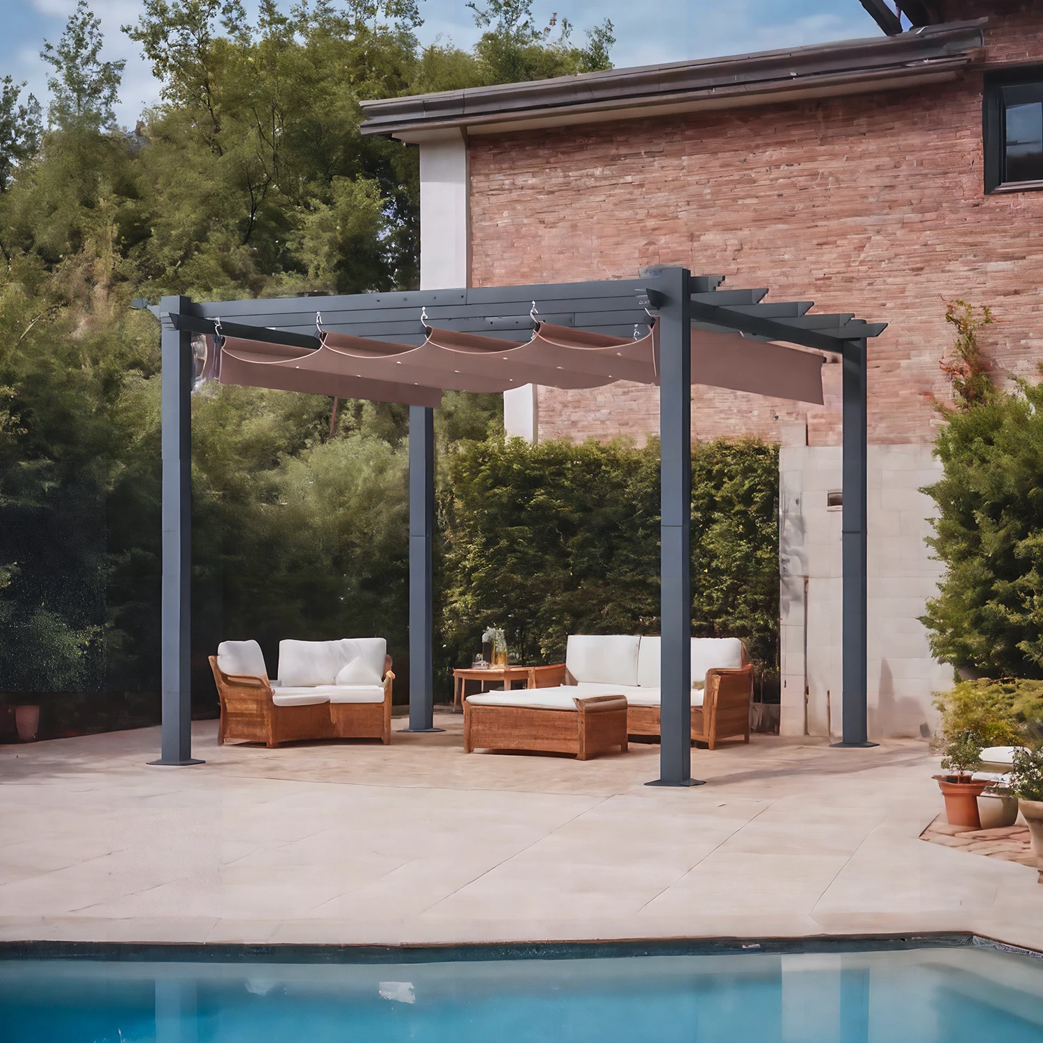 Aoxun Outdoor 10’×10’Retractable Pergola, Aluminum Pergola Patio, with Retractable Sun Shade Canopy for Gardens, Backyards Decks