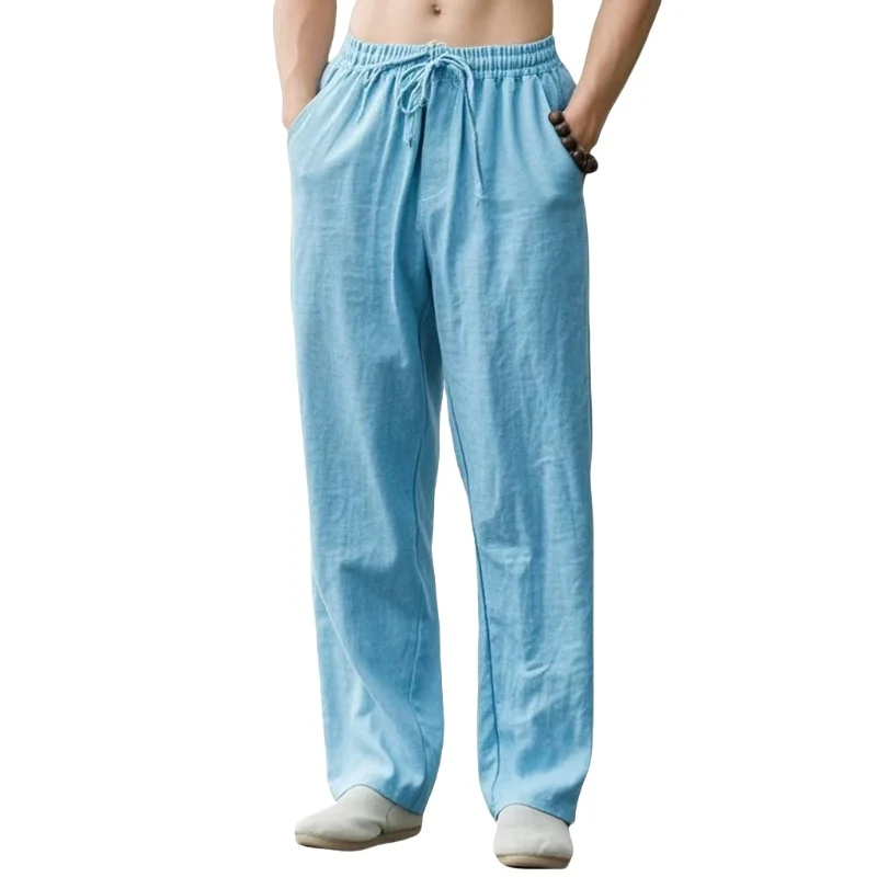 New Men's Cotton Linen Pants Loose Autum Casual Pants Male Breathable Solid Color Drawstring  Yoga Long TrousersSports pants2025