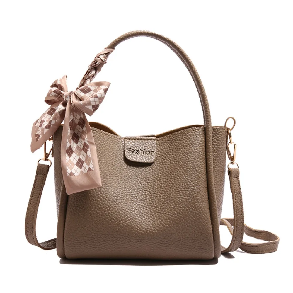 

Soft Minimalist Pu Leather Bucket Bag Versatile with Ribbon Crossbody Bag Solid Color Korean Style Women 's Handbag Outdoor