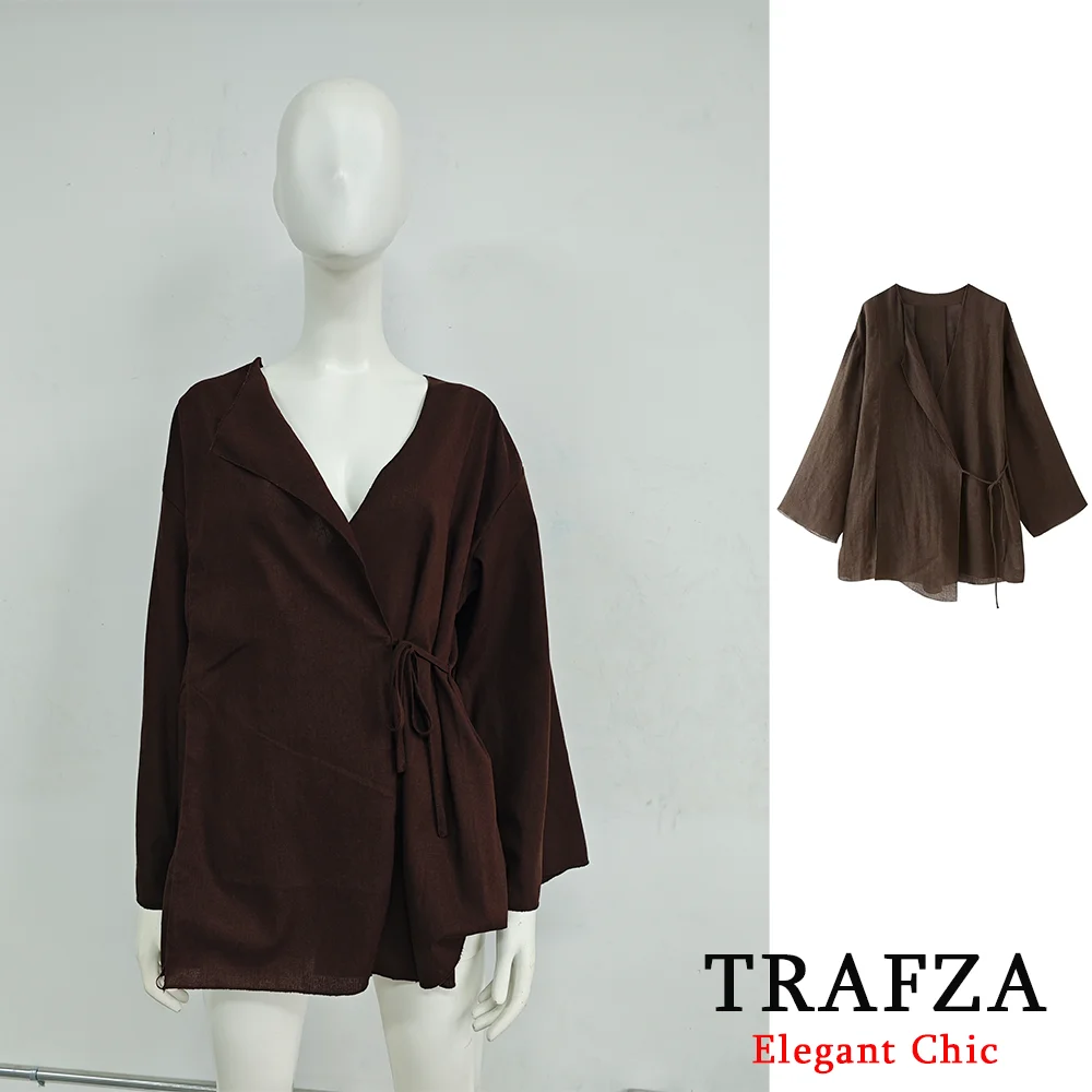 TRAFZA-Conjunto de 2 piezas de estilo pijama para mujer, camisas lisas con cordones y pantalones de cintura elástica Vintage, conjuntos de pantalones elegantes para mujer