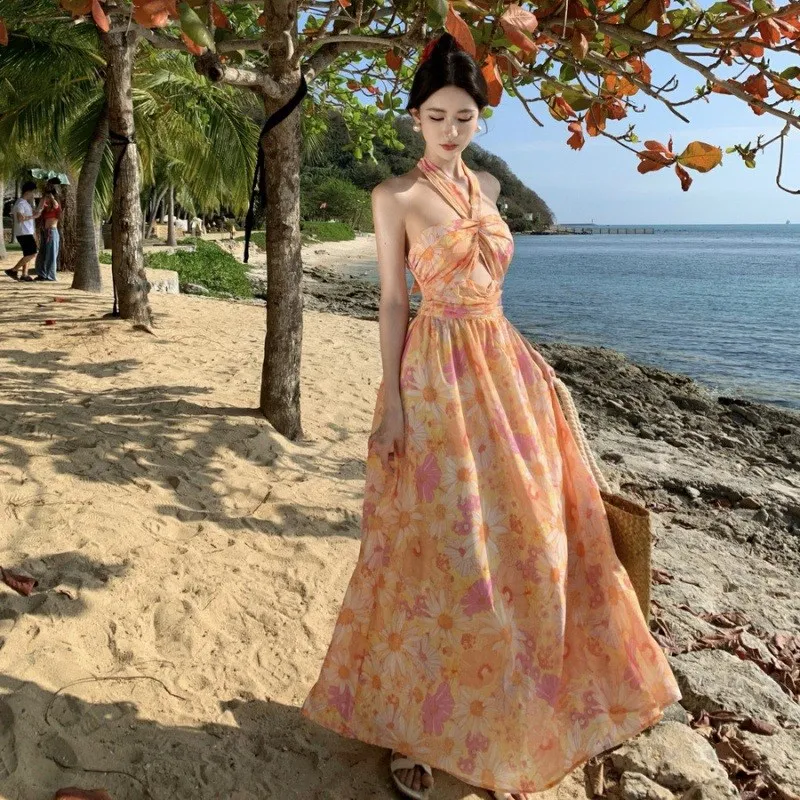 

Elegant Backless Beach Holiday Dress Printed Chiffon Slimming Long S High Waist Sleeveless Gown for Women Citywalk Suitable