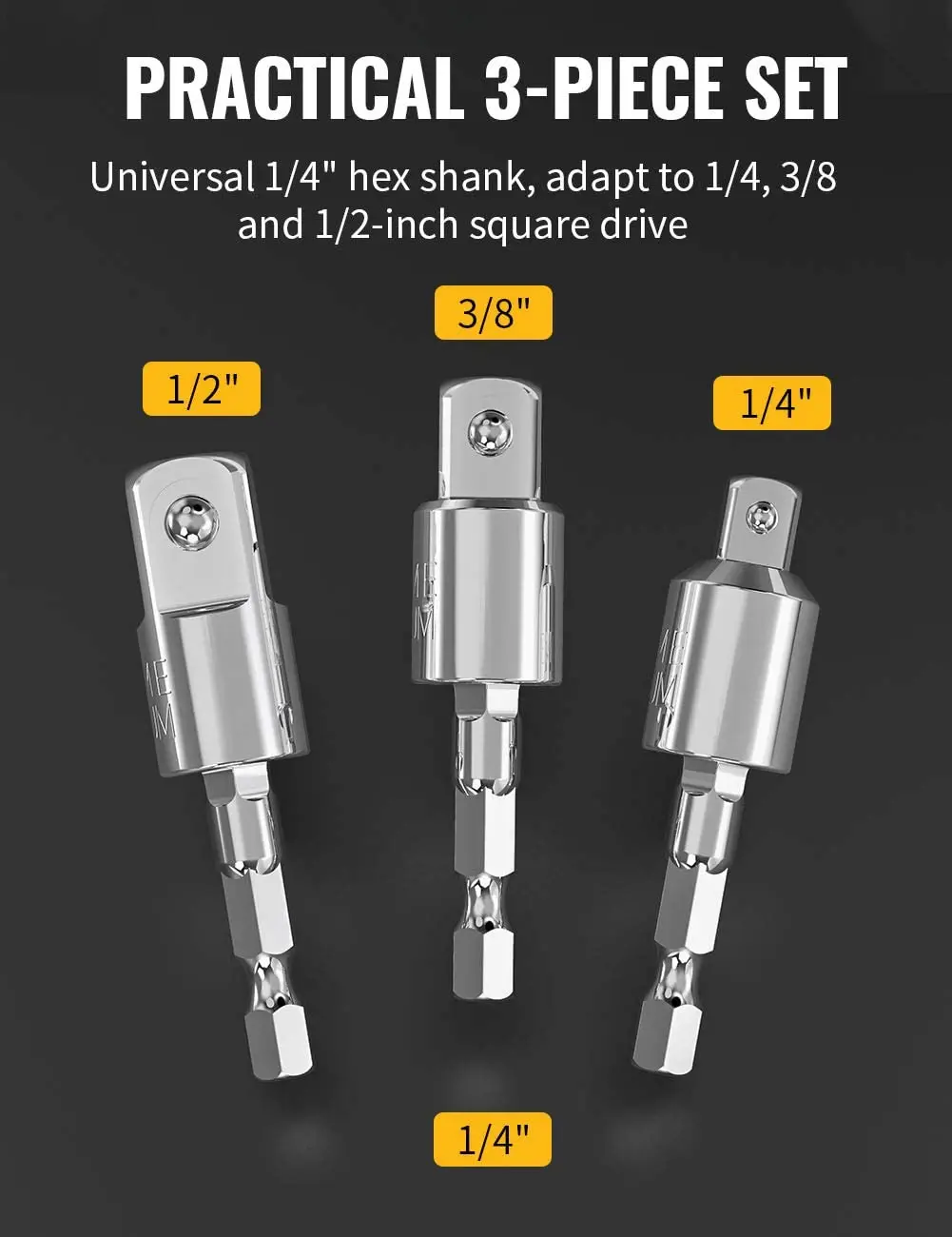 3ชิ้นเจาะอะแดปเตอร์ชุด360 ° หมุนได้ Hex Shank Impact Driver ซ็อกเก็ตอะแดปเตอร์1/4 "3/8" 1/2 "Impact