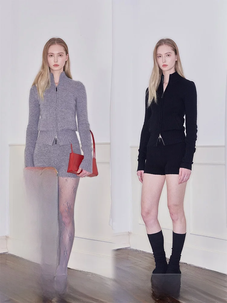 

Женский вязаный свитер из чистой шерсти, кардиган, осень-зима 2023, новый Sle для поездок на работу, облегающий длинный свеч, застежка-молния