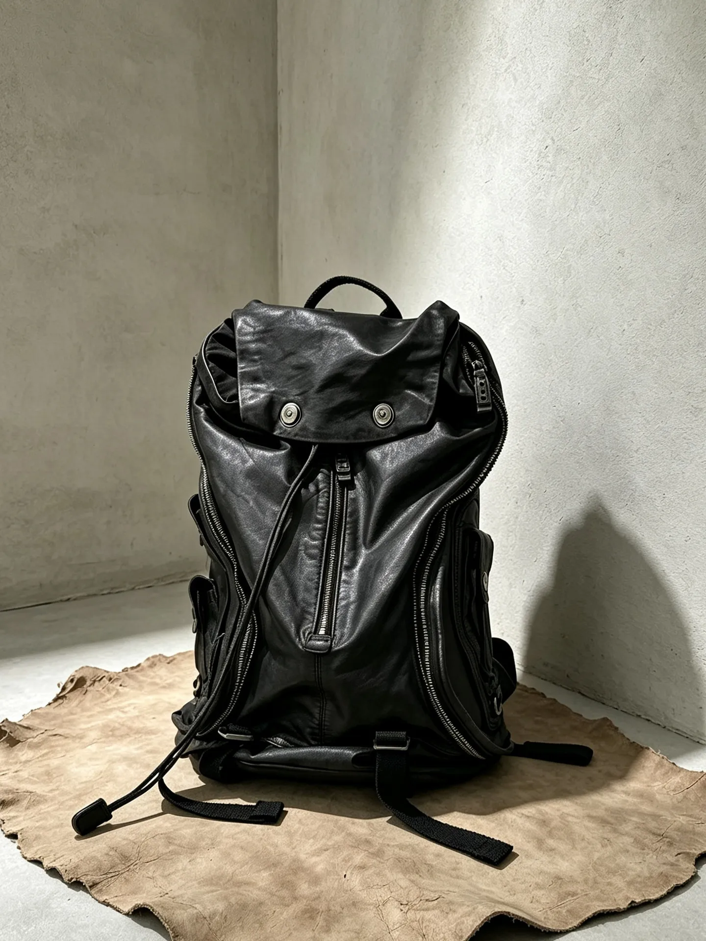 2026 Vintage Black Faux Leather Backpack Drawstring Flap Travel Rucksack Large Capacity Casual Daypack for Men Women