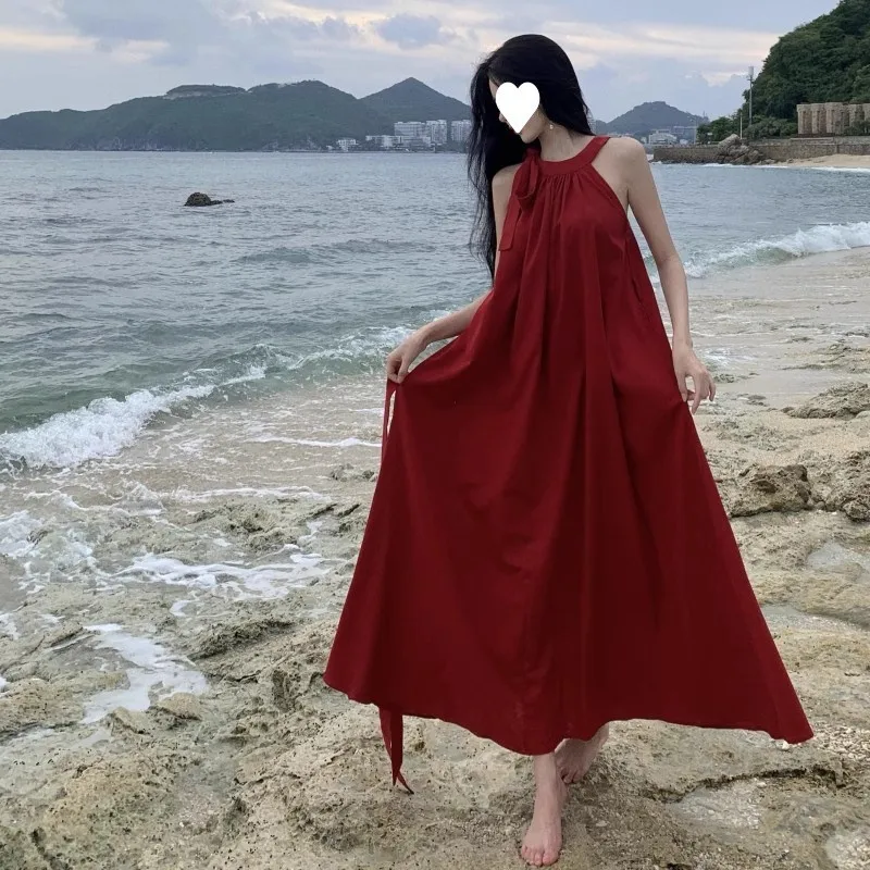 夏休みスタイル レッド オフショルダー ノースリーブ レディース ワンピース ビーチ雰囲気 ロングスカート ストリートスタイル Aラインシルエット
