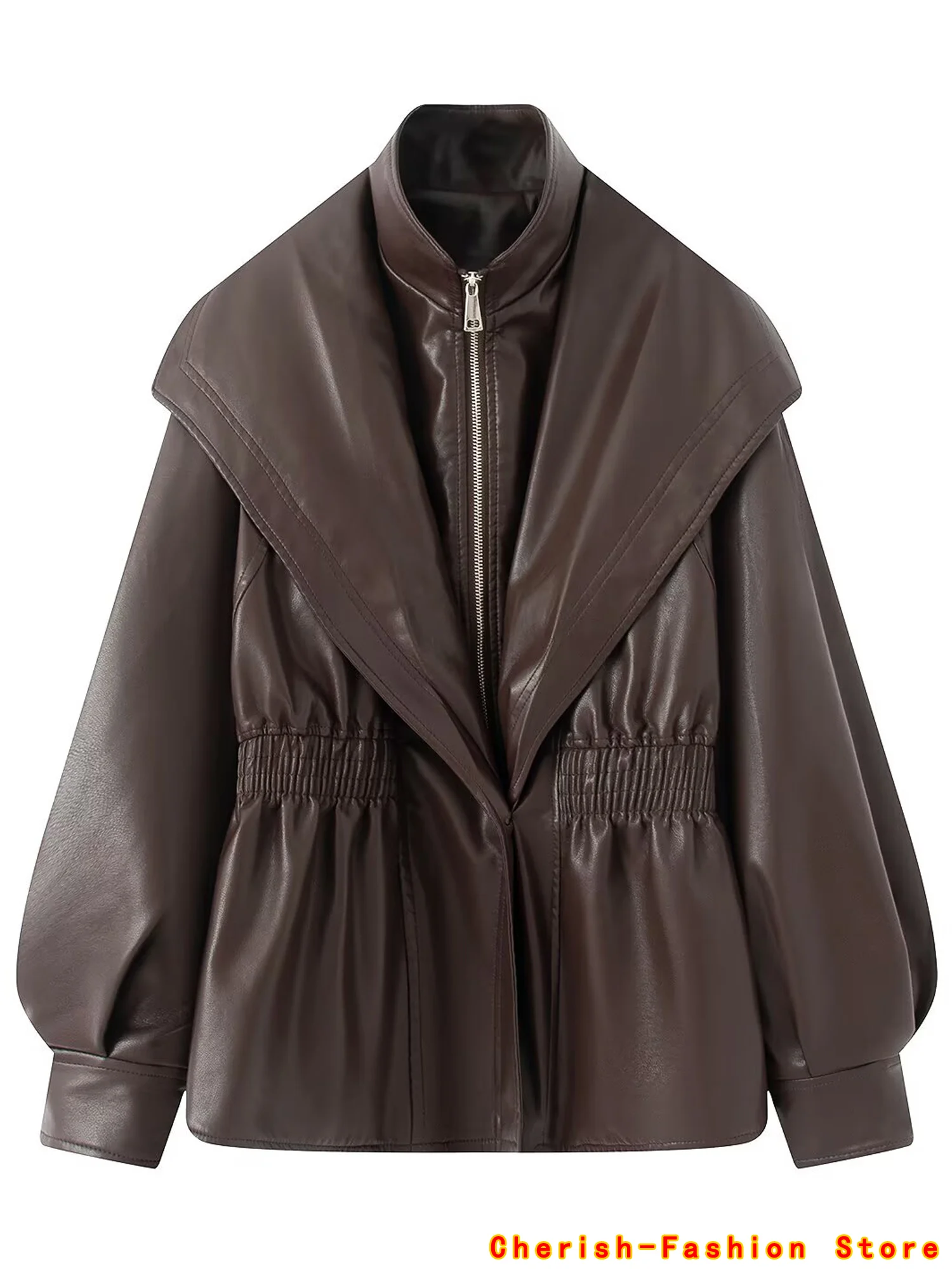 

2025 Women Casual Lapel Zipper Pu Coat Lady New Autumn Outdoors Highstreet Outwear Elastic Waist Cinching Brown Leather Jacket