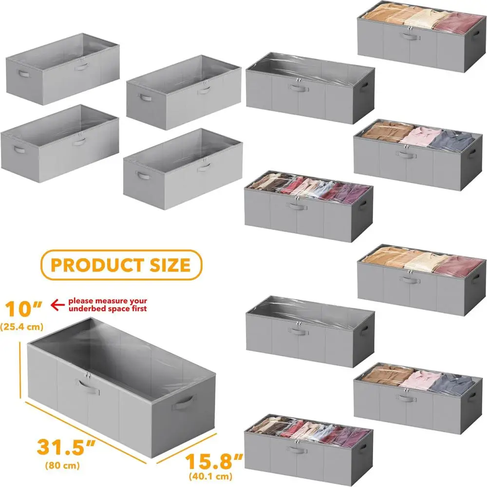 

10 больших контейнеров для хранения под кроватью с крышками - органайзеры для спальни, общежития, одежды и постельного белья (серый)