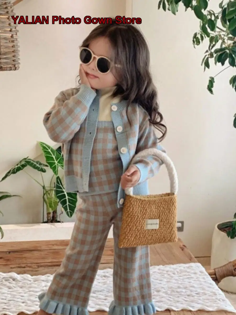 Girls Spring Set Spring Autumn Knit Flared Pants Baby Stylish Three-Piece Set Kids