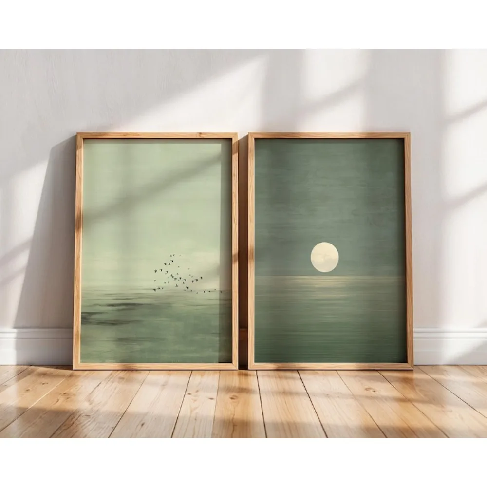 Arte de pared sin marco, impresión Simple de puesta de sol verde salvia, decoración Zen escandinava, arte de paisaje abstracto, arte de pared bohemio, 2 uds.