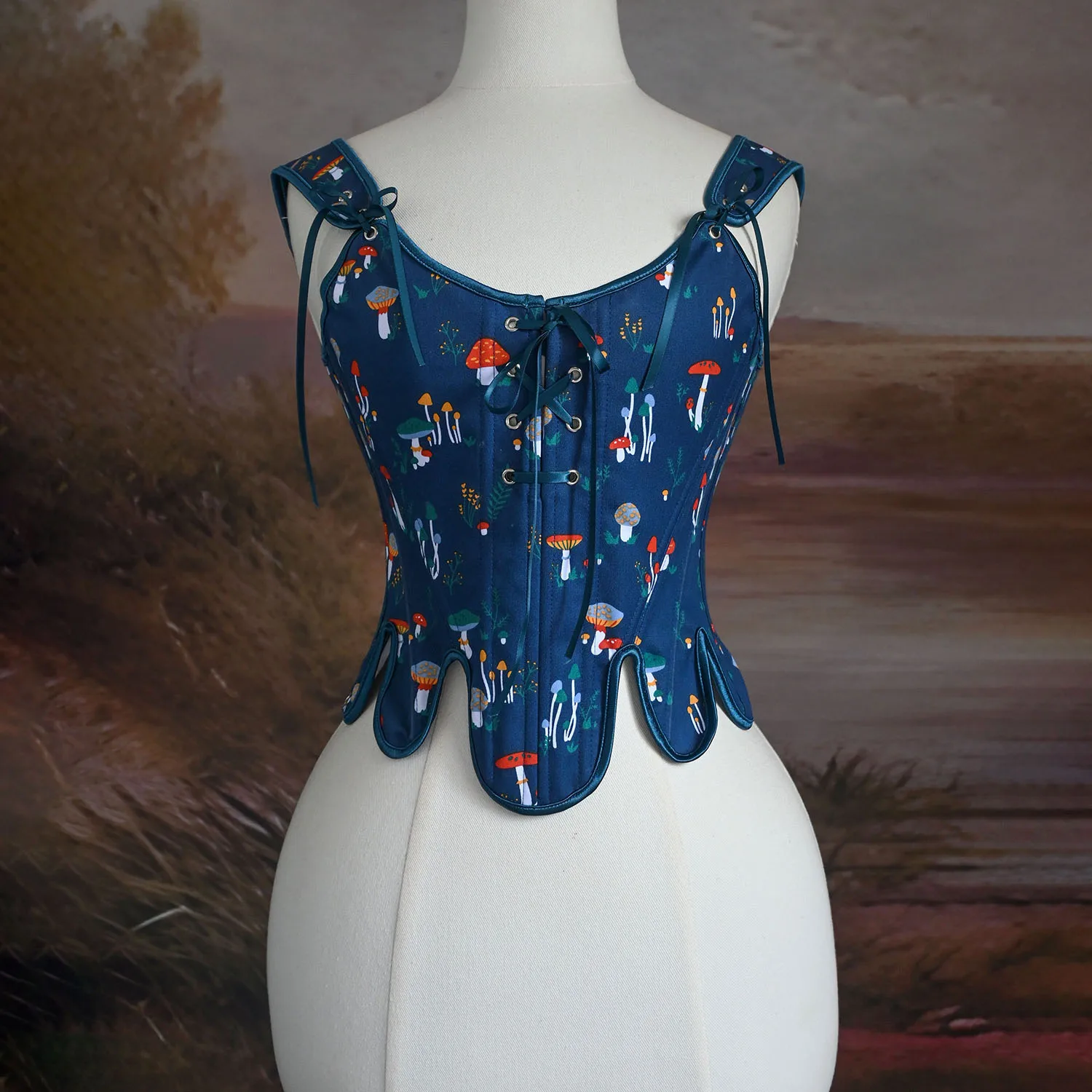 Women Vintage French Style Forest Mushrooms Corset Renaissance Vest Camisole Bustier Tie Lace-up Back Slim Boned Tank Tops