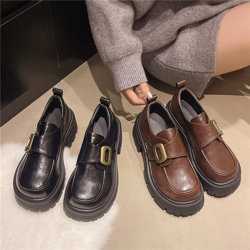 

British Style Loafers for Women New Style Chunky Heel Thick Sole Retro Fashion Petite Mary Jane Leather Shoes