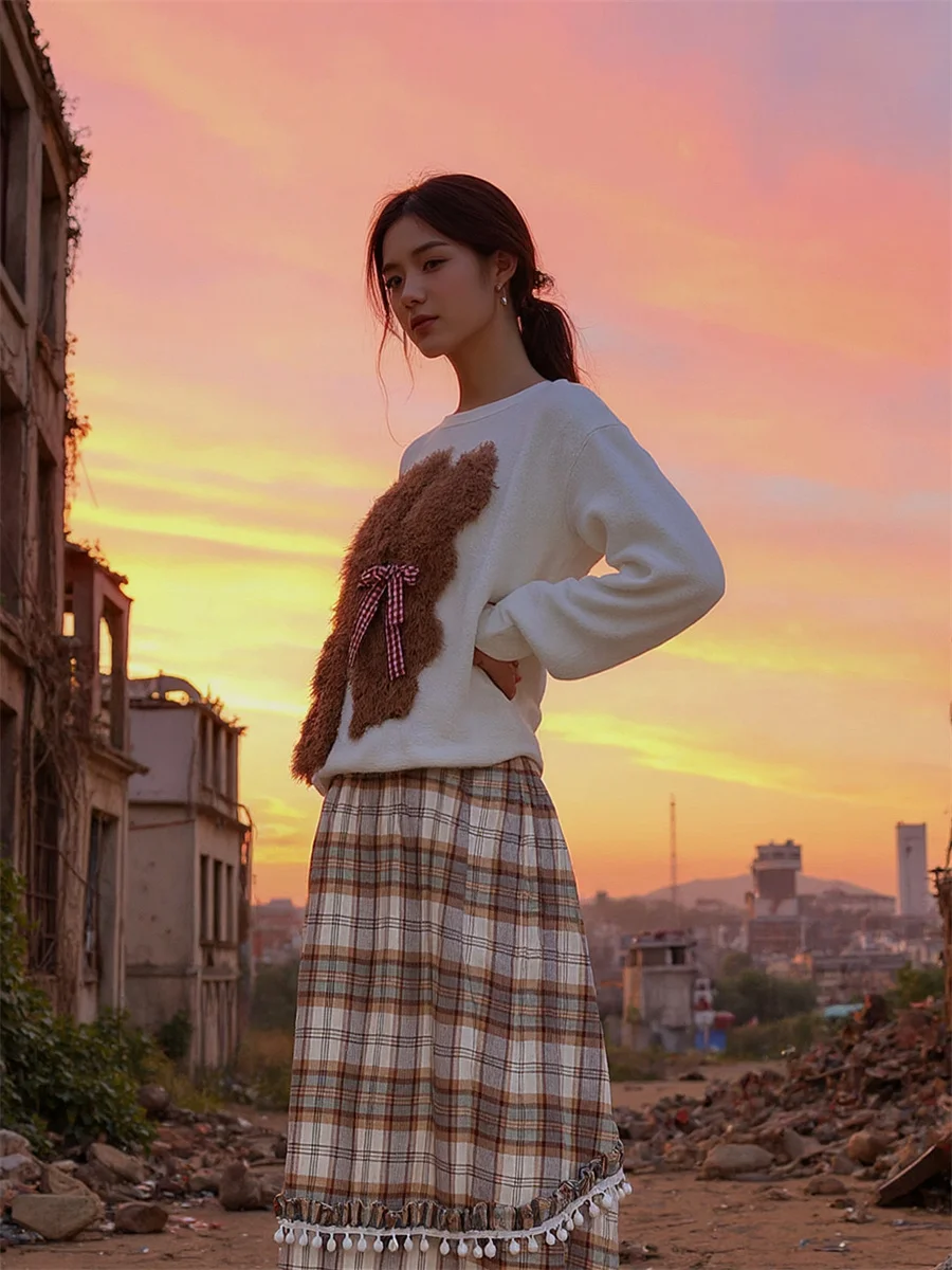 チェック柄ミディスカート レディース コットン 流れるようなパッチワーク エレガント シック フリル カジュアル シンプル ハイウエスト 快適 アップリケ