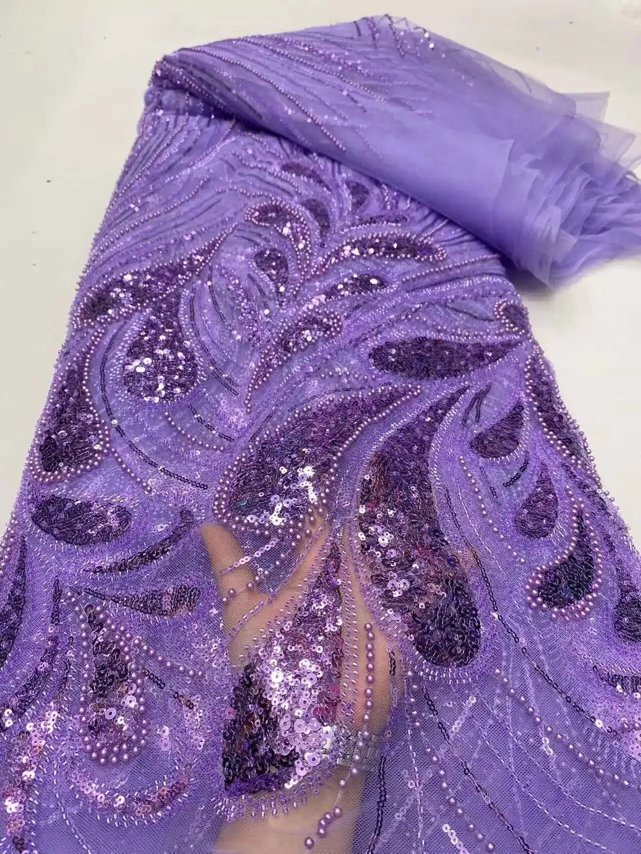 

Fashion African Luxury Beaded Tulle Lace Fabric French Handmade Sequins Embroidery Lace Fabric For Women Christmas Party Dresses