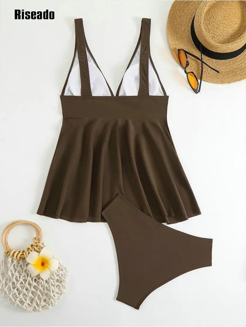 2026年新作 レディースビキニセット ツーピース水着 Vネック ブラウン タンキニセット