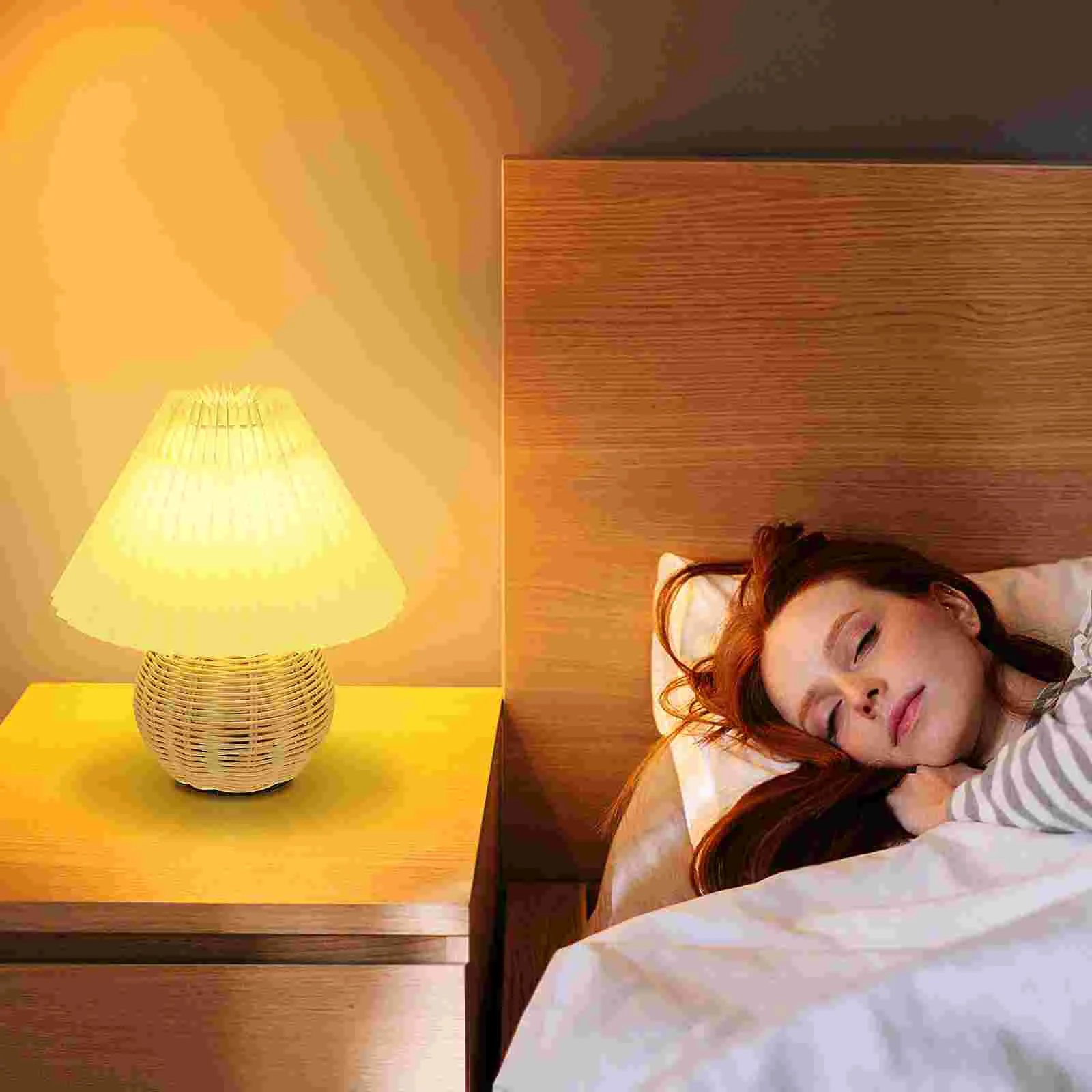 Lámpara de mesa plisada de ratán para mesita de noche, luz LED de noche para sala de estar, dormitorio pequeño