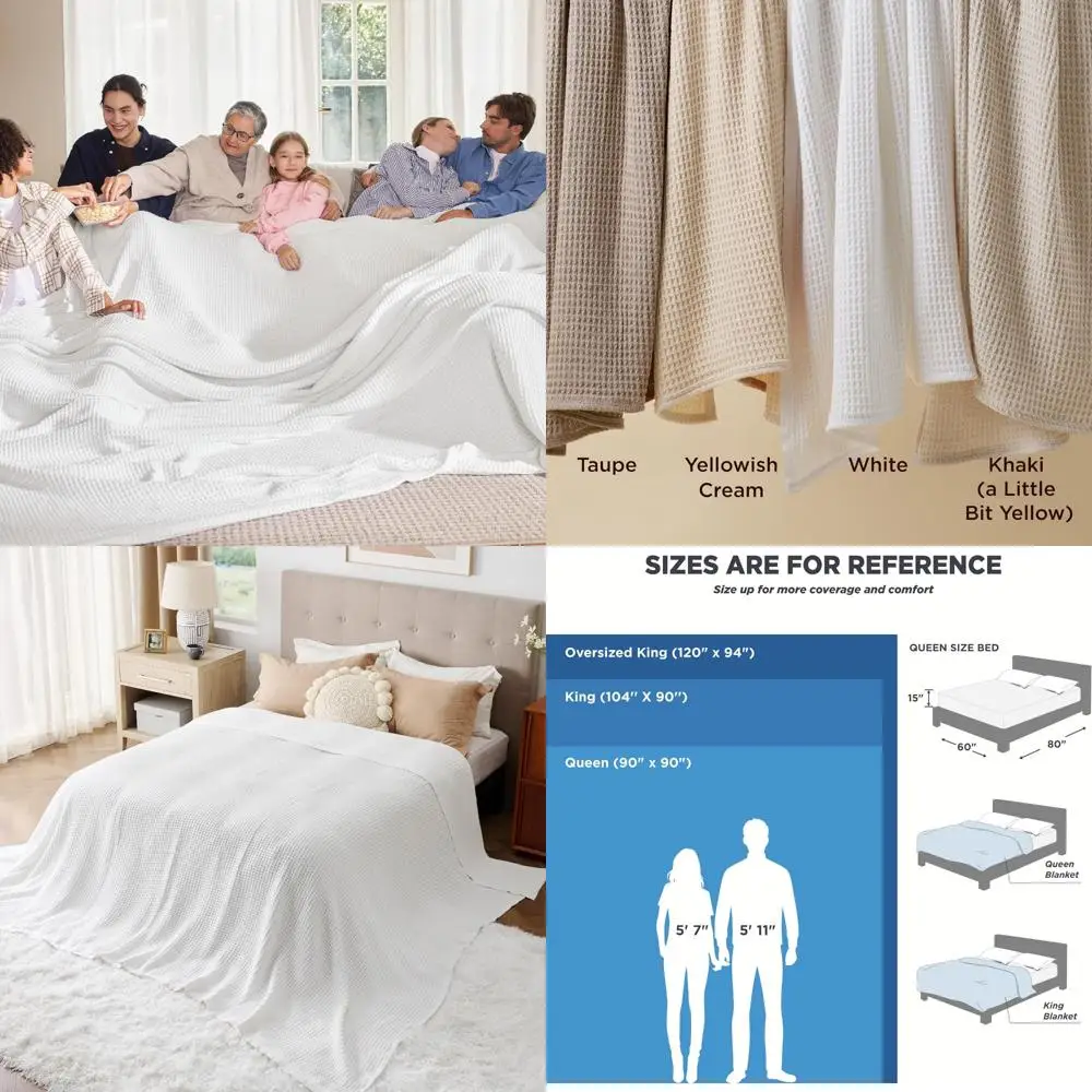 

King Size Cotton Waffle Weave Blanket - Oversized Breathable Cover for Bed and Couch, White, 120x94 Inches