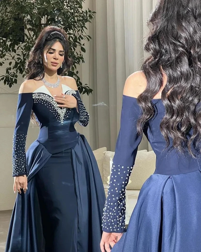 

Flora Dress Navy Blue Satin Mermaid Long Sleeves Prom Dresses Off Shoudler Pearls Beading V Neck Floor Length Evening Gowns