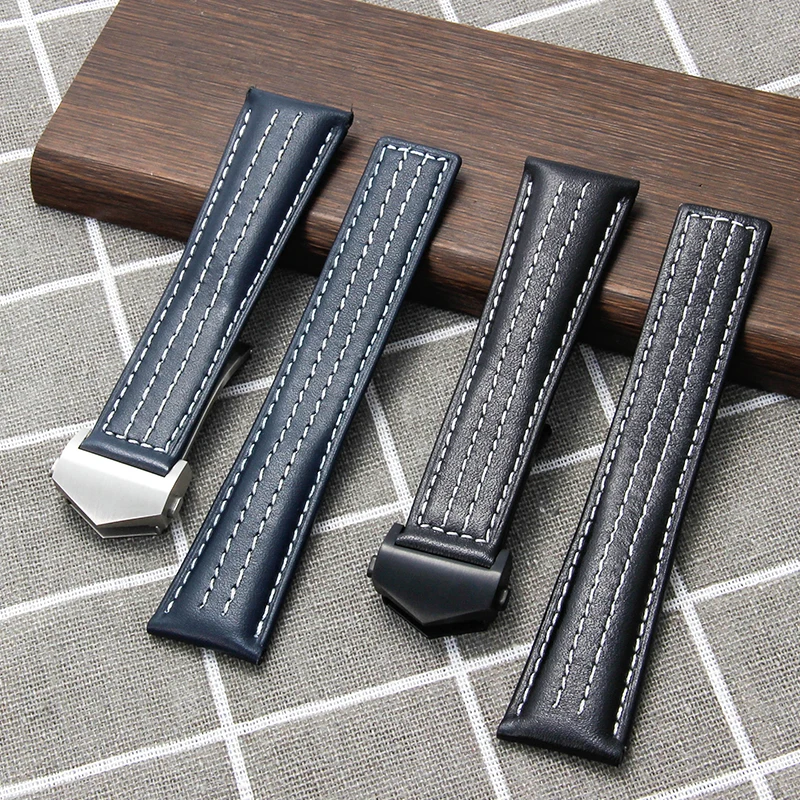 22mm acessórios de relógio de couro genuíno para heuer tag série sweatproof pele-amigável elástico pulseira de relógio azul preto