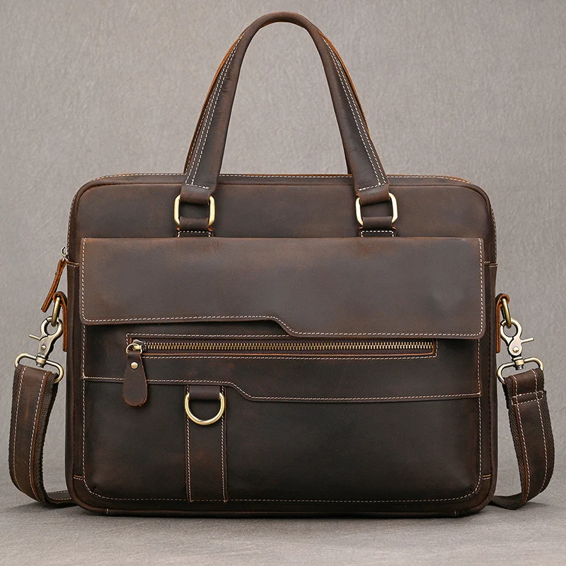 Genuine Leather Men's Business Briefcase Crazy Horse Leather Laptop Handbag Cowhide Male Tote Big Cowskin Crossbody Shouler Bag