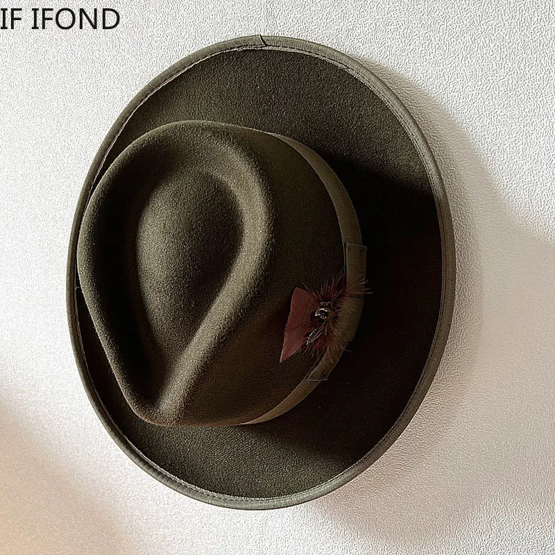 Cappello Fedora in feltro con piume fatte a mano cappelli Vintage da uomo Panama Trilby berretto da sera con tesa curva da gentiluomo