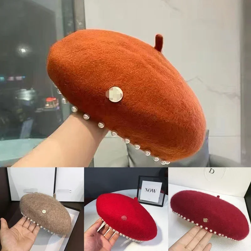 2023 Women's Y2k Beret Autumn Winter Korean Woolen Pearl Hat Adjustable Flat Eaves Octagonal Gentle Girl Artist Hats Trend