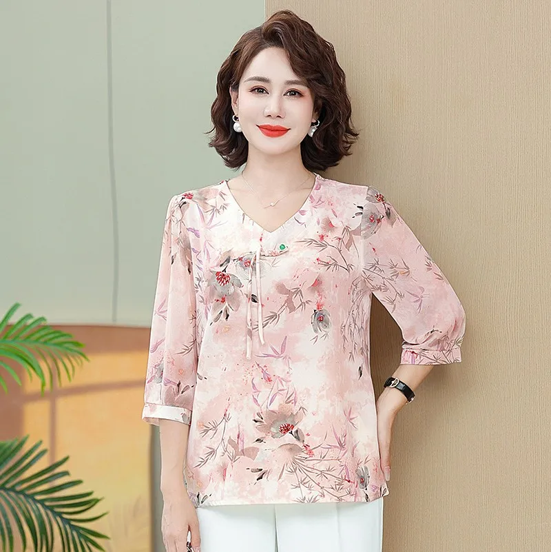 

Women's Clothing Printed Half sleeve V Collar Top Women's 2024 Summer New Chinese Style Retro Artistic Loose Elegant Casual Top